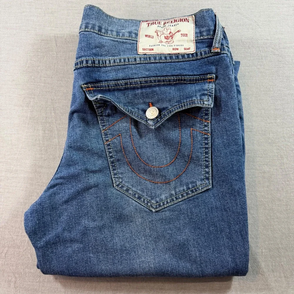 True Religion Geno Relaxed Slim Jeans Mens 37x31 Blue Excellent Horseshoe Stitch